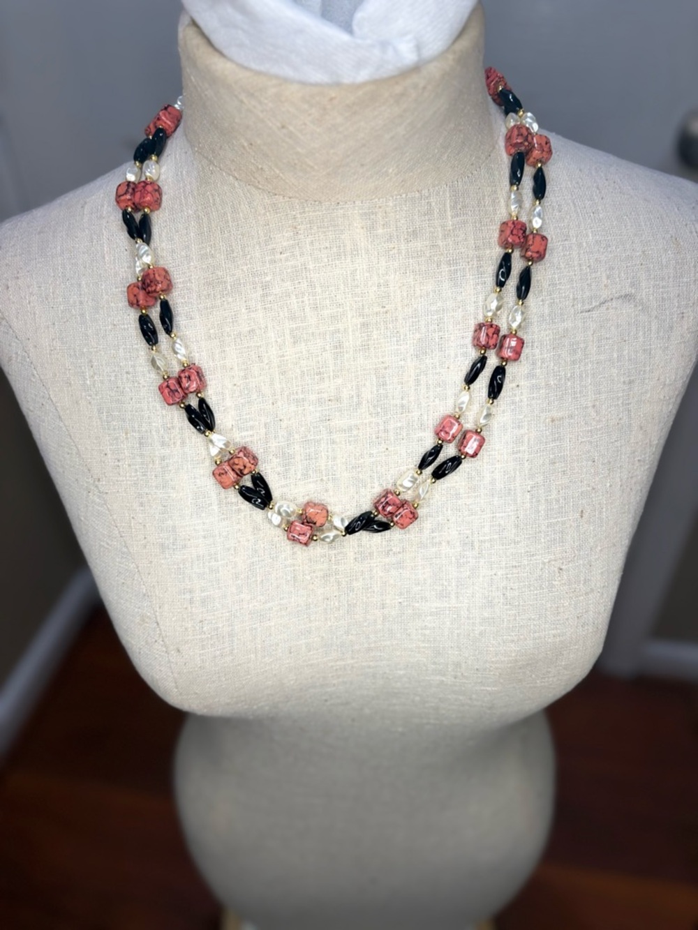 Boho Double Strand Beaded Necklace Red Turquoise Style Faux Pearl Statement